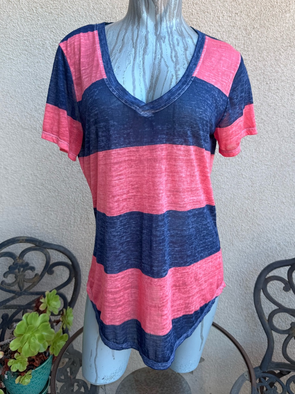 Almost Famous Striped V-Neck Tee in Pink and Navy